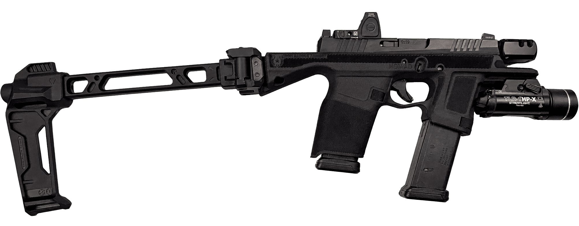 Opposite-side view of the Iron Saddle Armory Nomad PDW chassis with the brace unfolded on the Ruger RXM platform