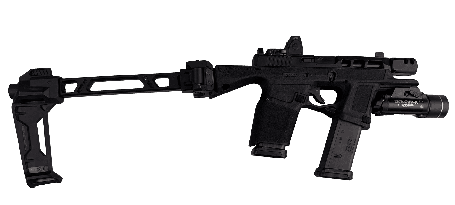 Opposite-side view of the Iron Saddle Armory Nomad PDW chassis with the brace unfolded on the Ruger RXM platform